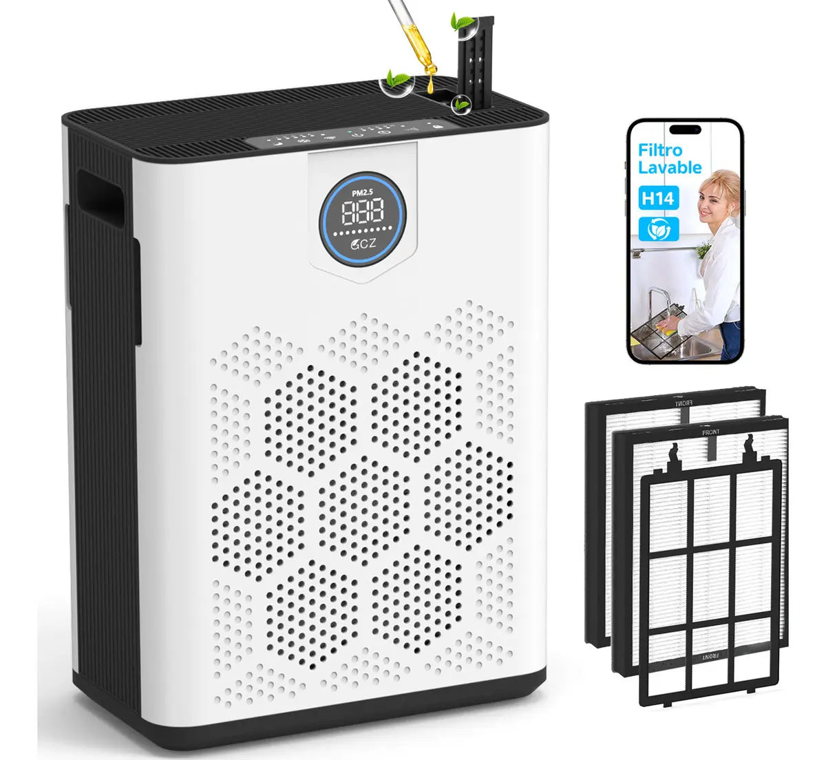 GCZ Purificador de Aire KJ3-5S con filtro HEPA H14 y control inteligente para hogar