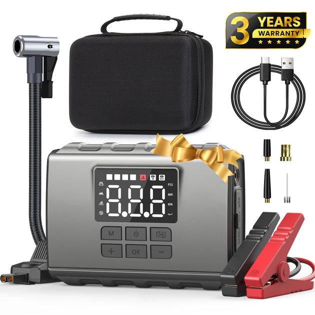 GCZ 3000A portable car jump starter with 150PSI air compressor and 20000mAh power bank for roadside emergencies.