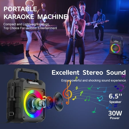 GCZ portable karaoke machine with 2 wireless microphones, disco lights, and shoulder strap for home parties and outdoor singing.