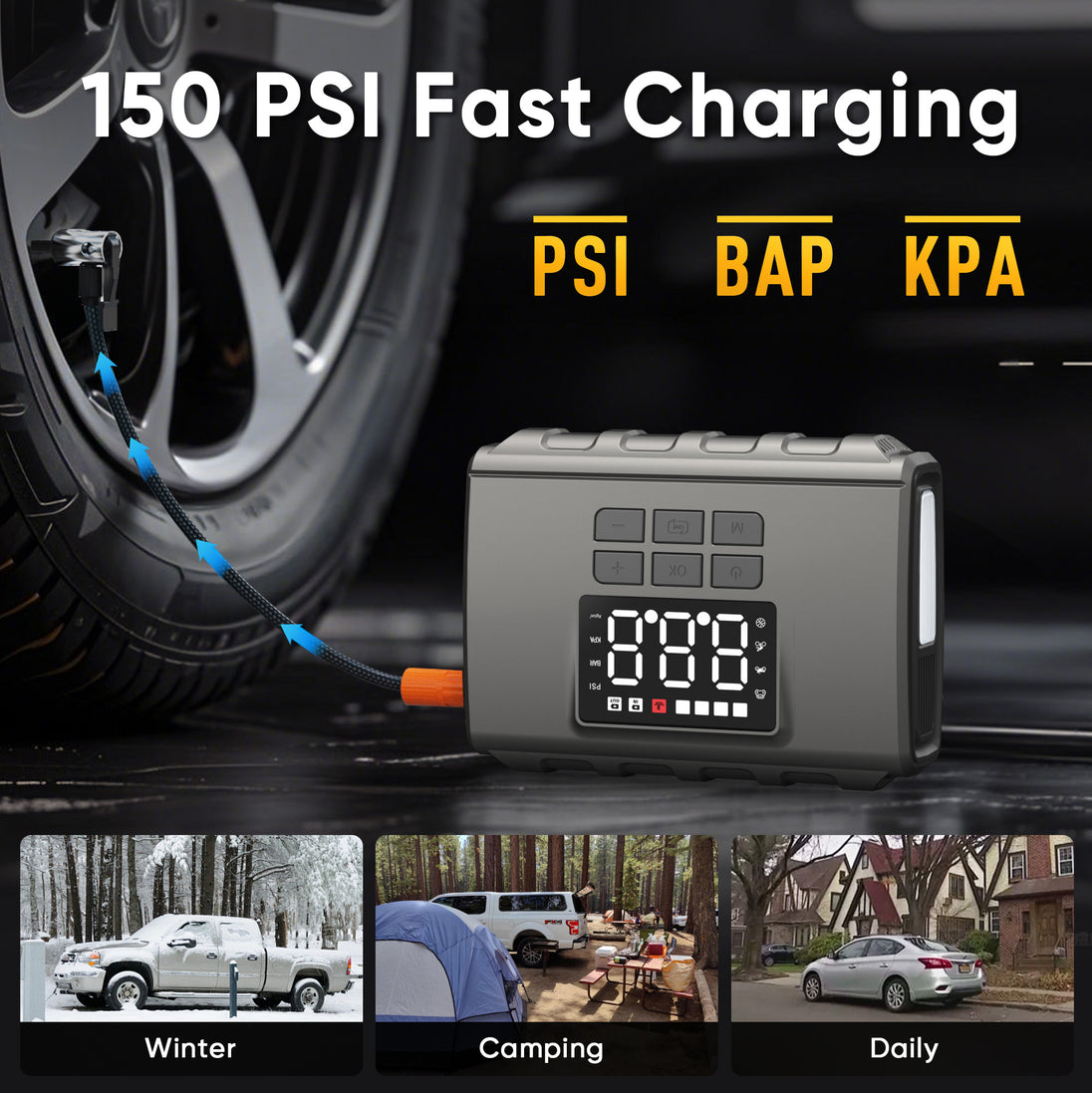 GCZ 3000A portable car jump starter with 150PSI air compressor and 20000mAh power bank for roadside emergencies.