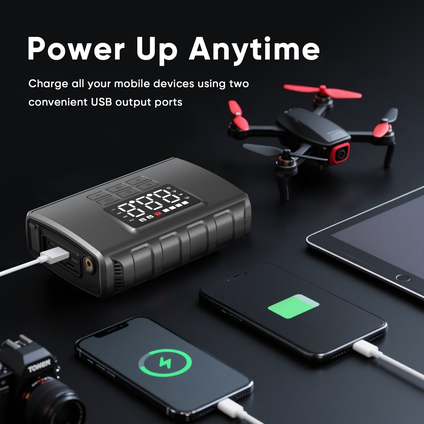 GCZ 3000A portable car jump starter with 150PSI air compressor and 20000mAh power bank for roadside emergencies.