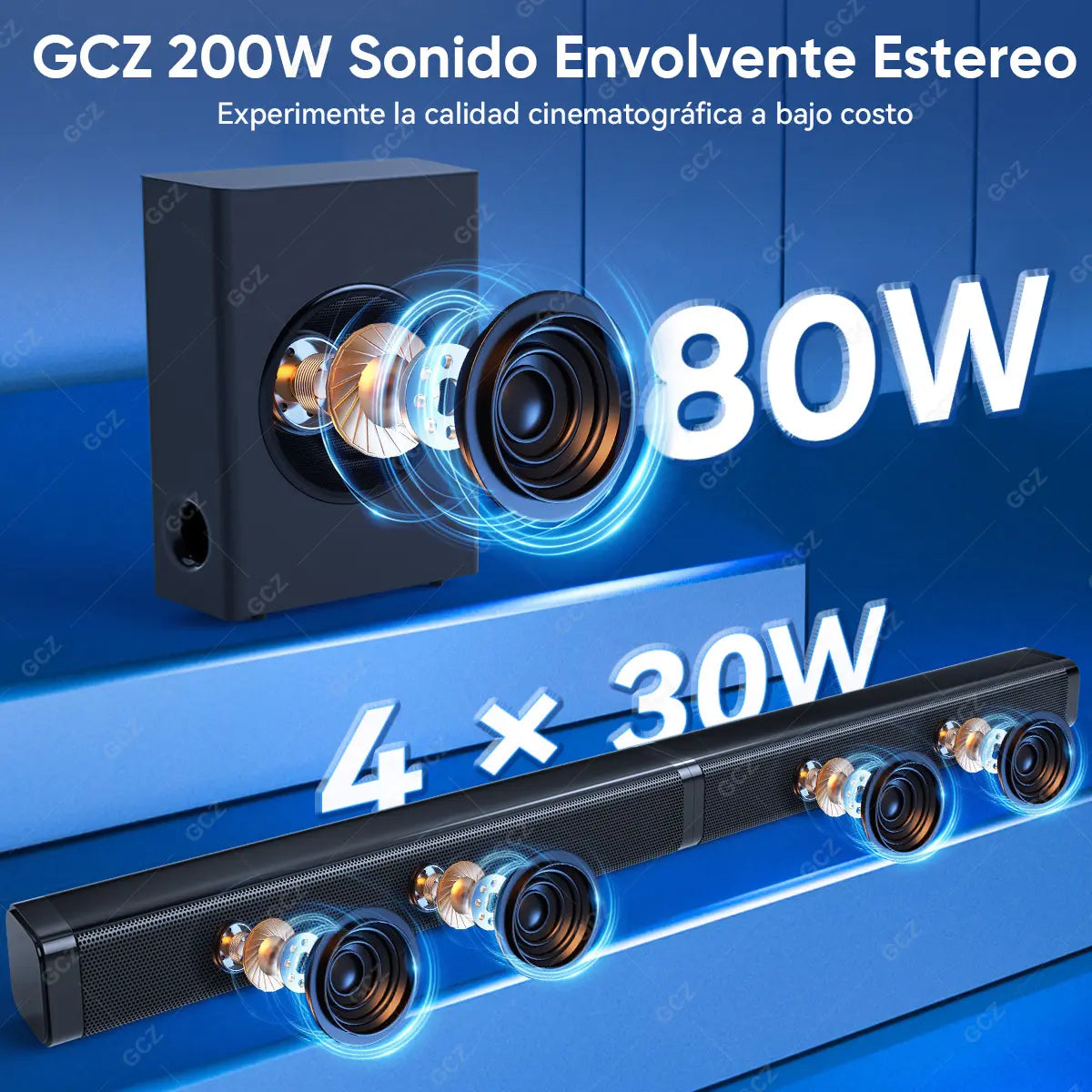 GCZ Barra de Sonido 2.1 con subwoofer de 200W para TV y cine en casa con HDMI ARC