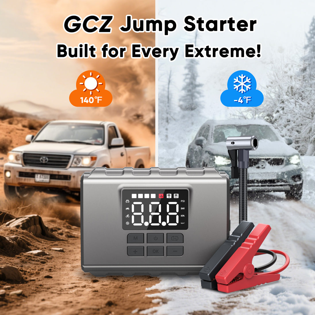GCZ 3000A portable car jump starter with 150PSI air compressor and 20000mAh power bank for roadside emergencies.