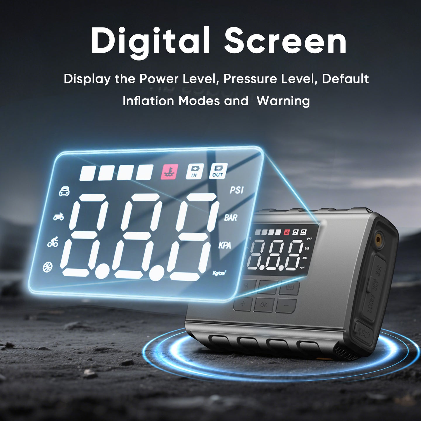 GCZ 3000A portable car jump starter with 150PSI air compressor and 20000mAh power bank for roadside emergencies.