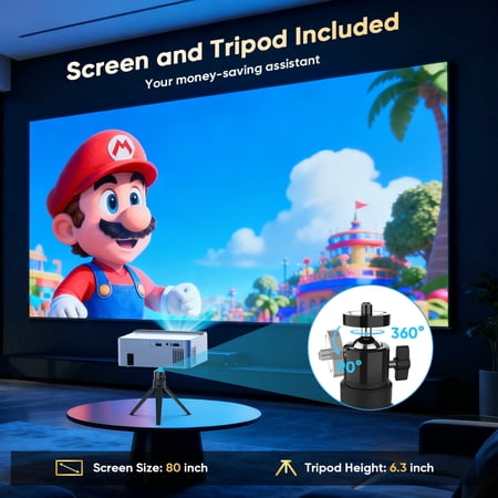 GCZ Video Projector with Dual WiFi, Bluetooth 5.2, 4K support, 80-inch screen, and mini tripod for home theater and outdoor use.
