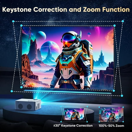 GCZ Video Projector with Dual WiFi, Bluetooth 5.2, 4K support, 80-inch screen, and mini tripod for home theater and outdoor use.