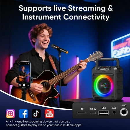 GCZ portable karaoke machine with 2 wireless microphones, disco lights, and shoulder strap for home parties and outdoor singing.