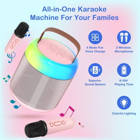 GCZ Mini Karaoke Machine with 2 wireless microphones, LED lights, and leather wristband for family parties