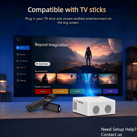 GCZ Video Projector with Dual WiFi, Bluetooth 5.2, 4K support, 80-inch screen, and mini tripod for home theater and outdoor use.