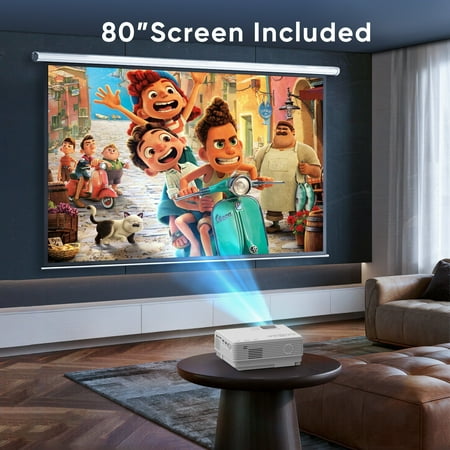 GCZ Mini Projector with Bluetooth 5.2, FHD 1080P support, and included screen for home and outdoor cinema