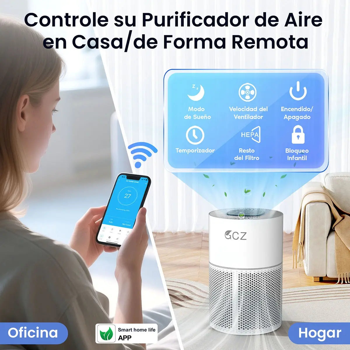 GCZ Purificador de Aire KJ3-3S con filtro HEPA H13, WiFi y control por voz para hogar y oficina grande.