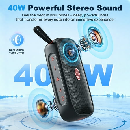 GCZ Portable Bluetooth Speaker with 40W HD sound, deep bass, IPX7 waterproof, and TWS stereo for outdoor parties