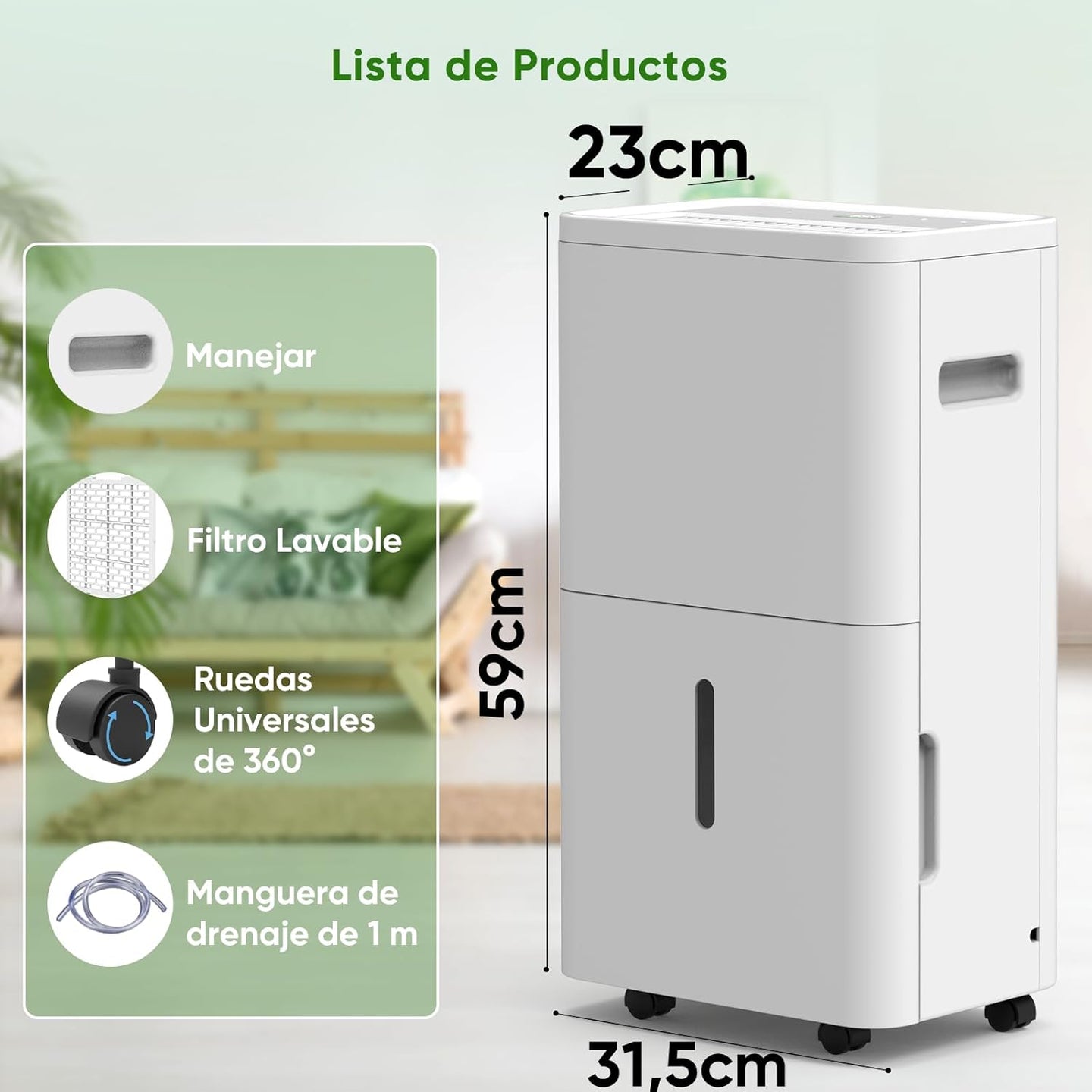 GCZ deshumidificador 22L/día con drenaje continuo y temporizador para hogar y oficina