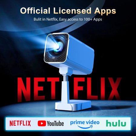 GCZ Smart Projector with officially licensed Netflix, auto-focus, WiFi 6, and flexible stand for home cinema