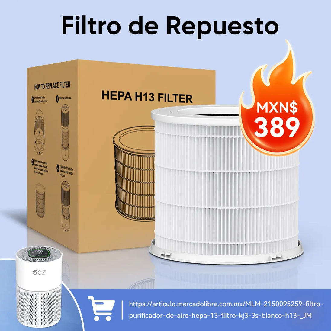 GCZ Purificador de Aire KJ3-3S con filtro HEPA H13, WiFi y control por voz para hogar y oficina grande.