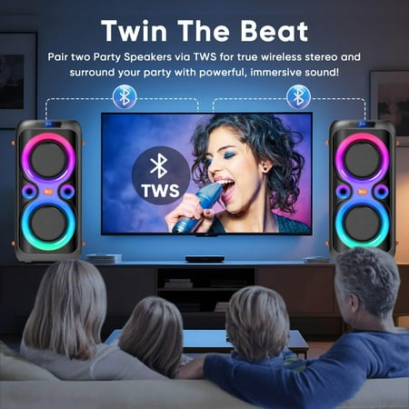 GCZ 160W Bluetooth Party Speaker with dual 6.5-inch woofers, TWS, and microphone input for karaoke and outdoor events.