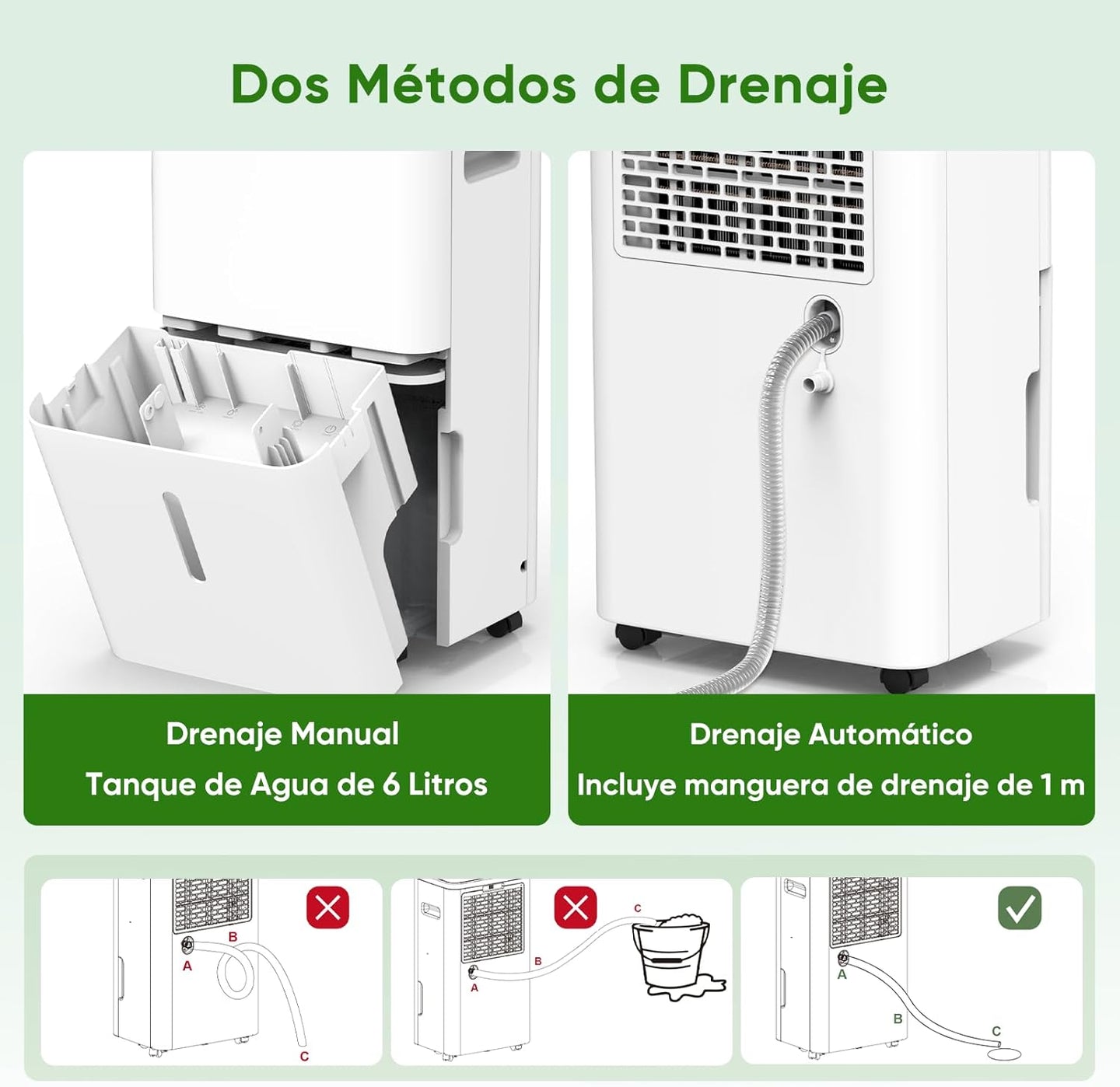 GCZ deshumidificador 22L/día con drenaje continuo y temporizador para hogar y oficina