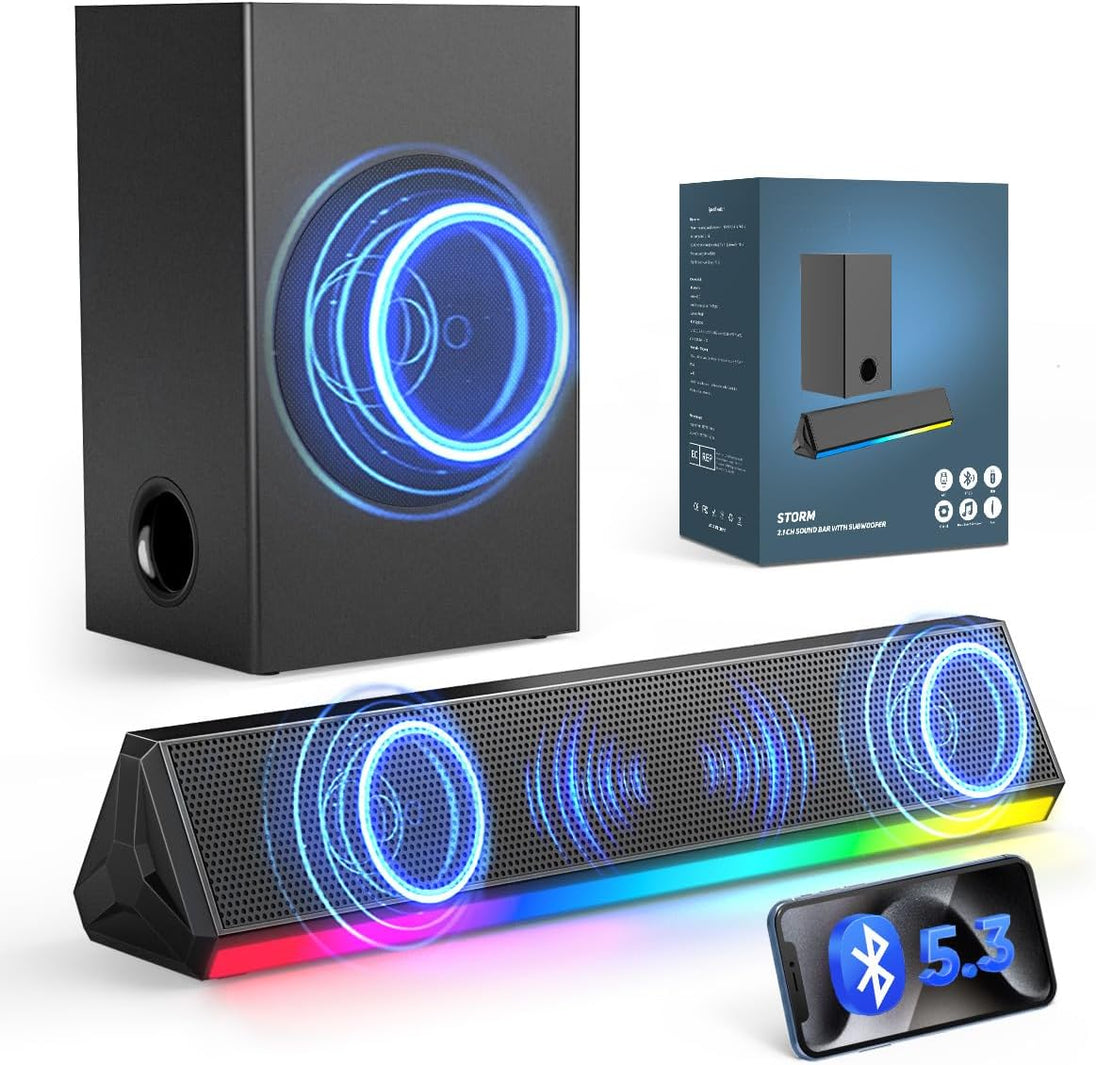 GCZ Barra de Sonido 2.1 con Subwoofer, Luces LED y Bluetooth 5.3 para TV y Fiestas