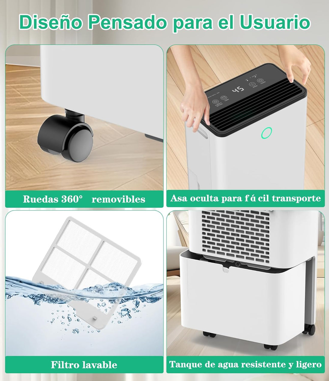 GCZ Deshumidificador 12L/día con compresor, control de humedad y drenaje continuo para hogar u oficina.
