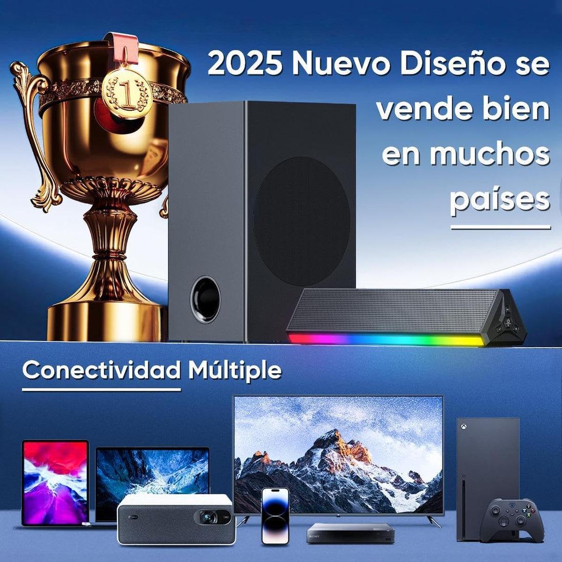 GCZ Barra de Sonido 2.1 con Subwoofer, Luces LED y Bluetooth 5.3 para TV y Fiestas