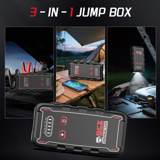 GCZ Car Jump Starter 2000A with Air Compressor, Power Bank, and LED Light for Road Emergencies and Tire Inflation
