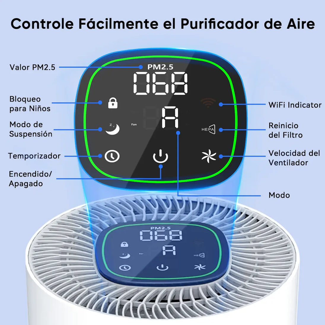 GCZ Purificador de Aire KJ3-3S con filtro HEPA H13, WiFi y control por voz para hogar y oficina grande.