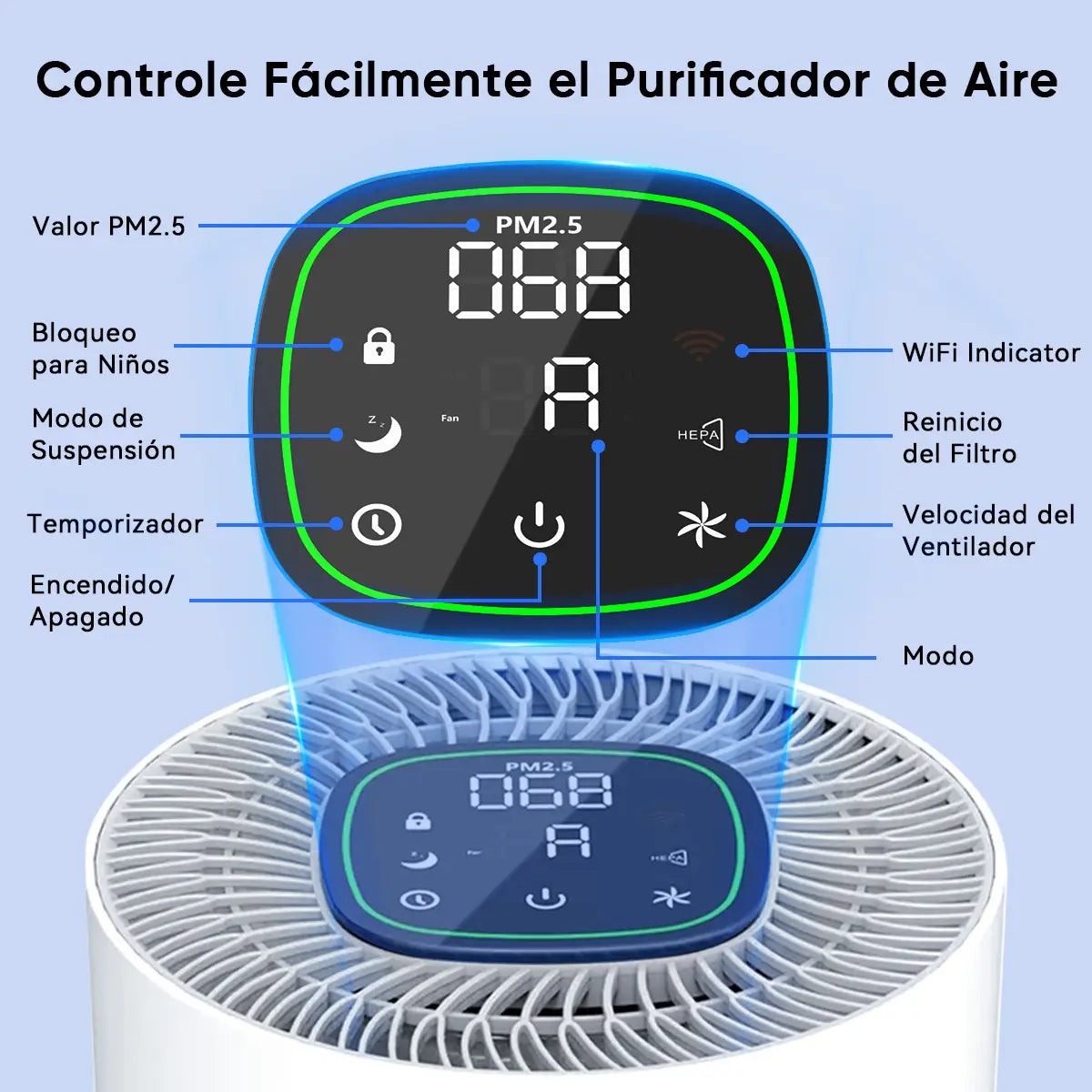 GCZ Purificador de Aire KJ3-3S con filtro HEPA H13, WiFi y control por voz para hogar y oficina grande.