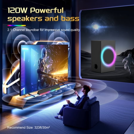 GCZ 2.1 Sound Bar for TV with 120W subwoofer, LED lights, HDMI, and Bluetooth for home theater and gaming.