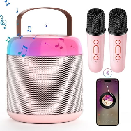 GCZ Mini Karaoke Machine with 2 wireless microphones, LED lights, and leather wristband for family parties