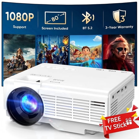 GCZ Mini Projector with Bluetooth 5.2, FHD 1080P support, and included screen for home and outdoor cinema