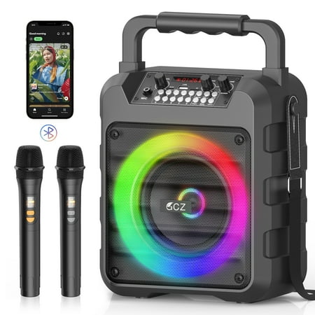 GCZ portable karaoke machine with 2 wireless microphones, disco lights, and shoulder strap for home parties and outdoor singing.