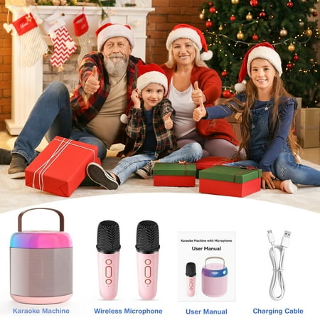 GCZ Mini Karaoke Machine with 2 wireless microphones, LED lights, and leather wristband for family parties