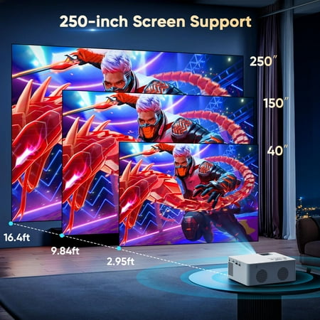 GCZ Video Projector with Dual WiFi, Bluetooth 5.2, 4K support, 80-inch screen, and mini tripod for home theater and outdoor use.