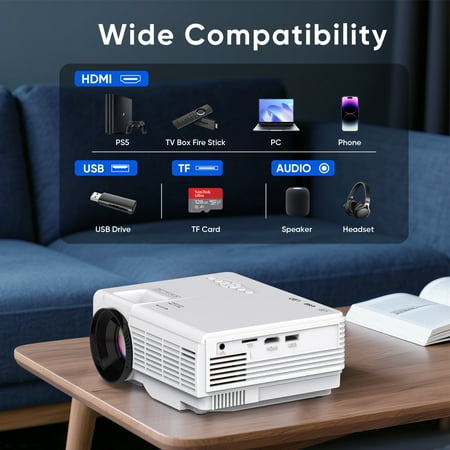 GCZ Mini Projector with Bluetooth 5.2, FHD 1080P support, and included screen for home and outdoor cinema