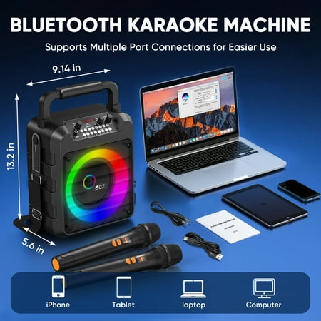 GCZ portable karaoke machine with 2 wireless microphones, disco lights, and shoulder strap for home parties and outdoor singing.