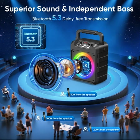 GCZ portable karaoke machine with 2 wireless microphones, disco lights, and shoulder strap for home parties and outdoor singing.