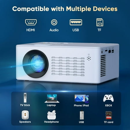 GCZ Video Projector with Dual WiFi, Bluetooth 5.2, 4K support, 80-inch screen, and mini tripod for home theater and outdoor use.
