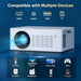 GCZ Video Projector with Dual WiFi, Bluetooth 5.2, 4K support, 80-inch screen, and mini tripod for home theater and outdoor use.