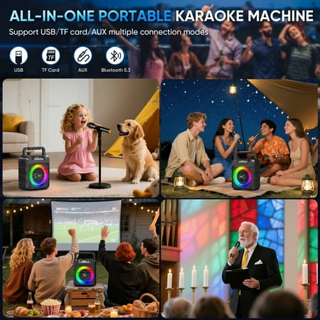 GCZ portable karaoke machine with 2 wireless microphones, disco lights, and shoulder strap for home parties and outdoor singing.
