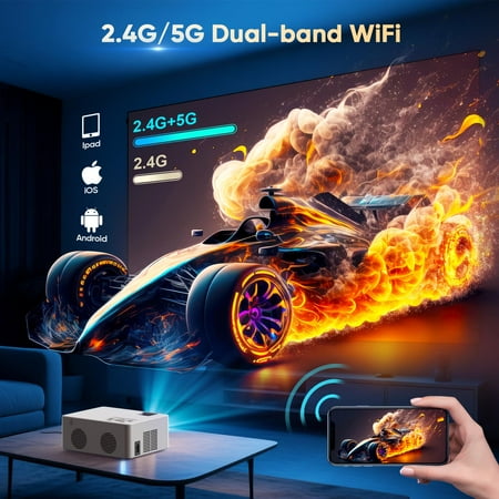 GCZ Video Projector with Dual WiFi, Bluetooth 5.2, 4K support, 80-inch screen, and mini tripod for home theater and outdoor use.