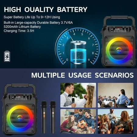 GCZ portable karaoke machine with 2 wireless microphones, disco lights, and shoulder strap for home parties and outdoor singing.