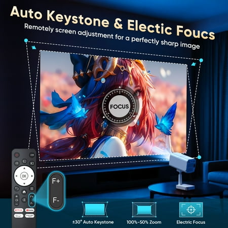 GCZ Smart Projector with officially licensed Netflix, auto-focus, WiFi 6, and flexible stand for home cinema